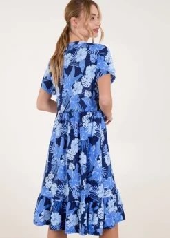 Blue Vanilla Blue Tropical V Neck Smock Style Tunic Dress