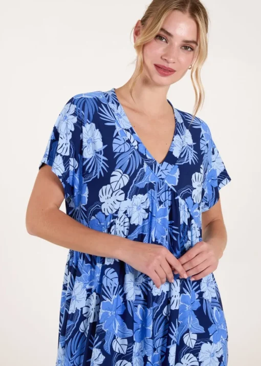Blue Vanilla Blue Tropical V Neck Smock Style Tunic Dress