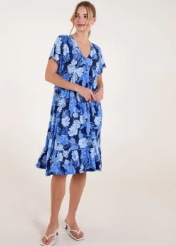 Blue Vanilla Blue Tropical V Neck Smock Style Tunic Dress