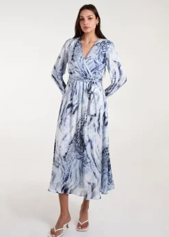 Blue Vanilla Blue Watercolour Wrap Front Belted Midi Dress