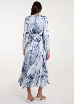 Blue Vanilla Blue Watercolour Wrap Front Belted Midi Dress