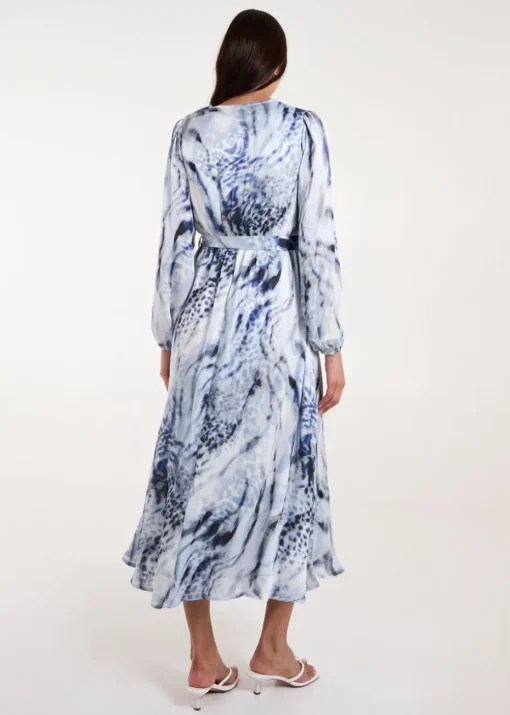 Blue Vanilla Blue Watercolour Wrap Front Belted Midi Dress