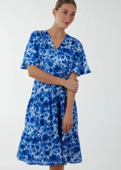 Blue Vanilla Blue Wrap Front Tier Hem Angel Sleeve Dress