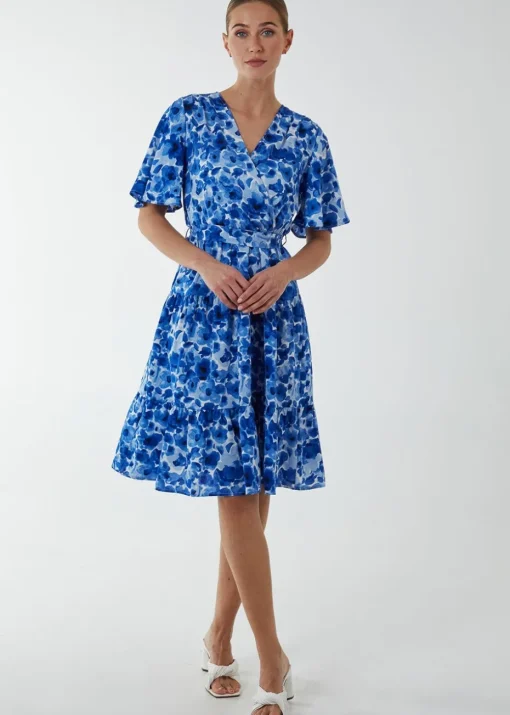 Blue Vanilla Blue Wrap Front Tier Hem Angel Sleeve Dress