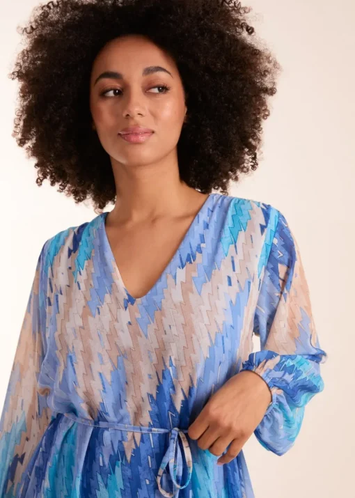 Blue Vanilla Blue Zig Zag Printed Belted Dress