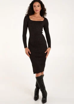 Blue Vanilla Bronze Knitted Sweetheart Neckline Ribbed Dress