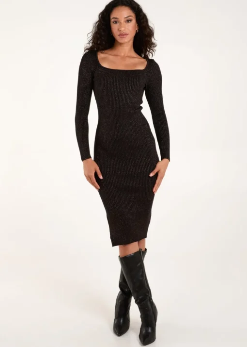 Blue Vanilla Bronze Knitted Sweetheart Neckline Ribbed Dress