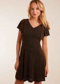 Blue Vanilla Bronze Lurex Flutter Sleeve Mini Dress