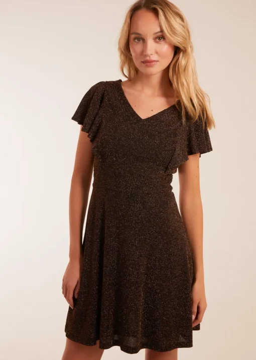 Blue Vanilla Bronze Lurex Flutter Sleeve Mini Dress