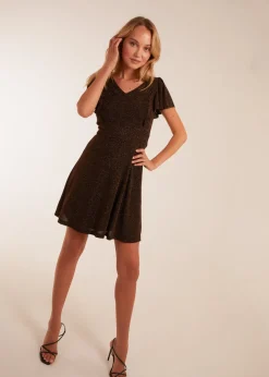 Blue Vanilla Bronze Lurex Flutter Sleeve Mini Dress