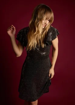 Blue Vanilla Bronze Mirror Shimmer Frill Sleeve Dress