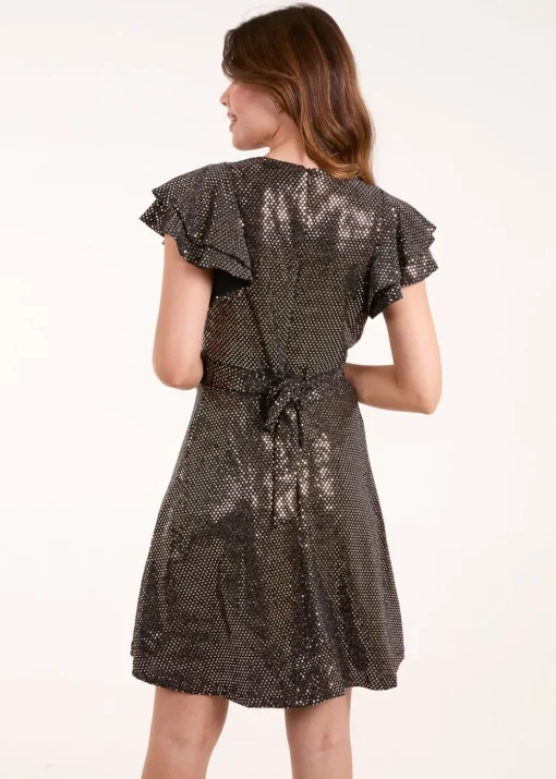 Blue Vanilla Bronze Mirror Shimmer Frill Sleeve Dress