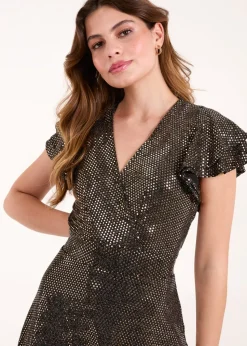 Blue Vanilla Bronze Mirror Shimmer Frill Sleeve Dress