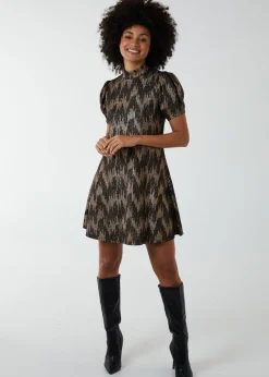 Blue Vanilla Bronze Puff Sleeve Swing Dress