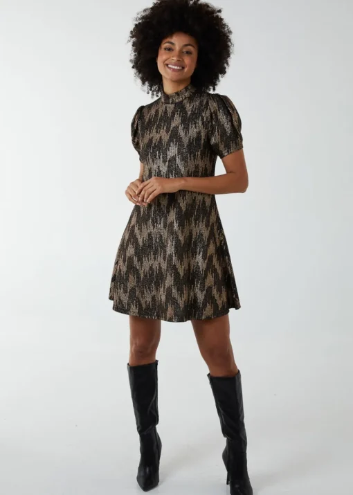 Blue Vanilla Bronze Puff Sleeve Swing Dress