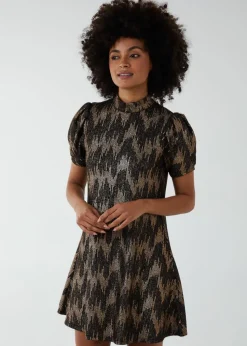 Blue Vanilla Bronze Puff Sleeve Swing Dress