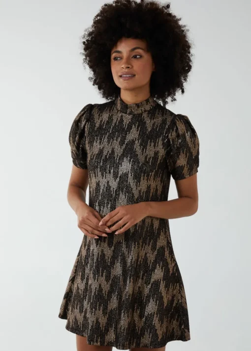 Blue Vanilla Bronze Puff Sleeve Swing Dress