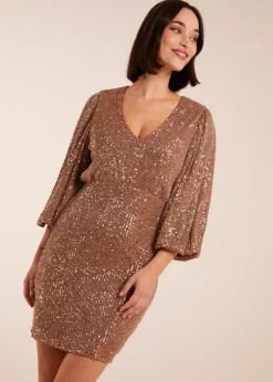 Blue Vanilla Bronze V Neck Puff Ball Sleeve Mini Dress