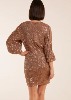 Blue Vanilla Bronze V Neck Puff Ball Sleeve Mini Dress