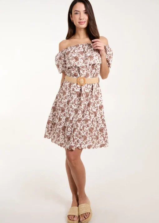 Blue Vanilla Brown Bardot Broderie Mini Belted Dress