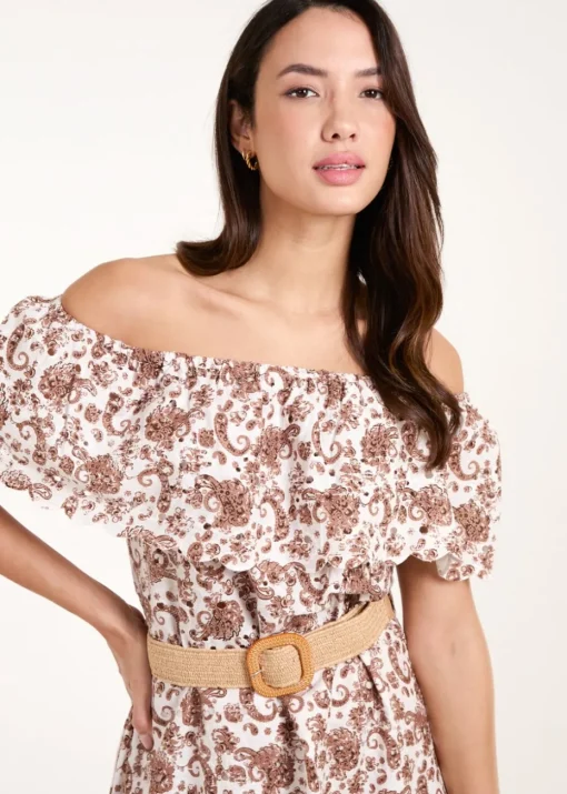 Blue Vanilla Brown Bardot Broderie Mini Belted Dress