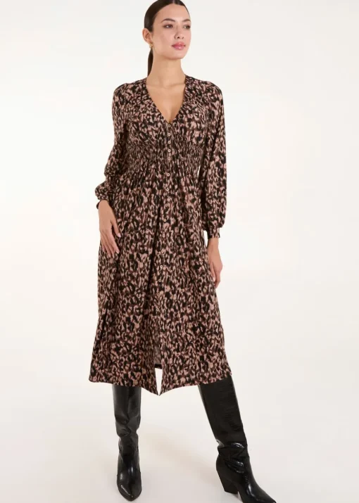 Blue Vanilla Brown Button Front Midi Dress