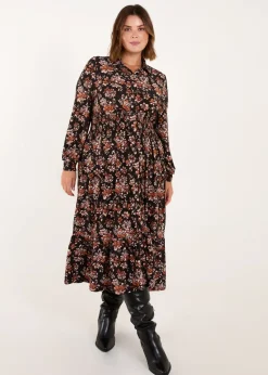 Blue Vanilla Brown Curve Shirred Waist Midi Shirt Dress