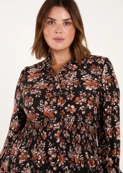 Blue Vanilla Brown Curve Shirred Waist Midi Shirt Dress