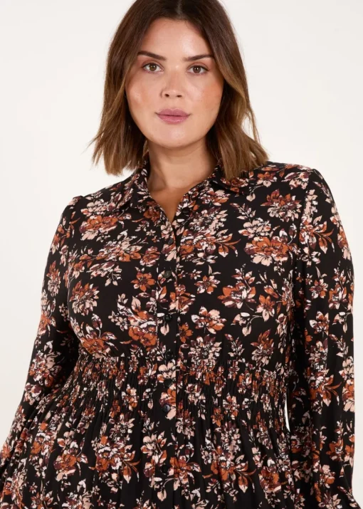 Blue Vanilla Brown Curve Shirred Waist Midi Shirt Dress
