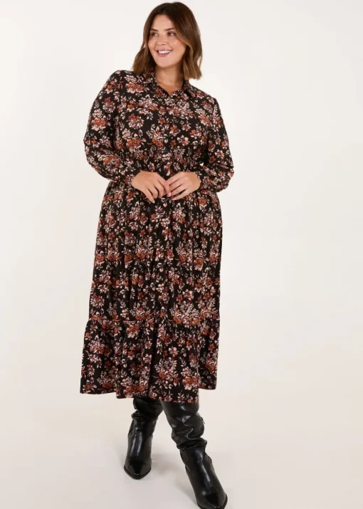 Blue Vanilla Brown Curve Shirred Waist Midi Shirt Dress