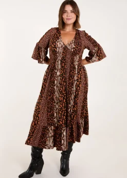Blue Vanilla Brown Curve Patchwork Animal Midi Dress
