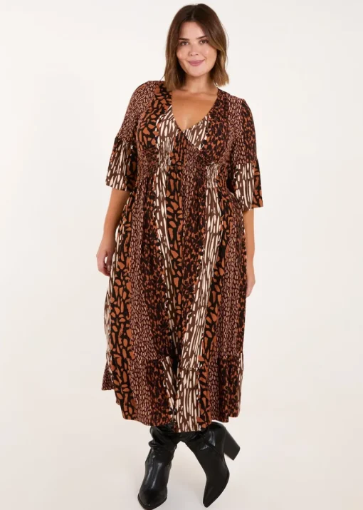 Blue Vanilla Brown Curve Patchwork Animal Midi Dress