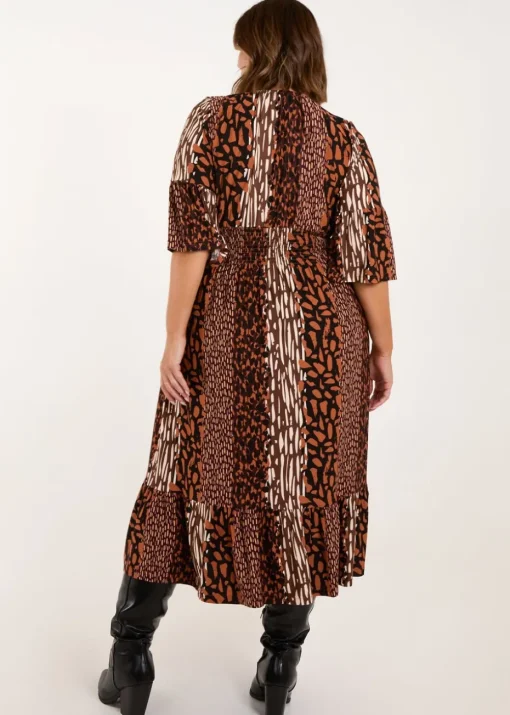 Blue Vanilla Brown Curve Patchwork Animal Midi Dress