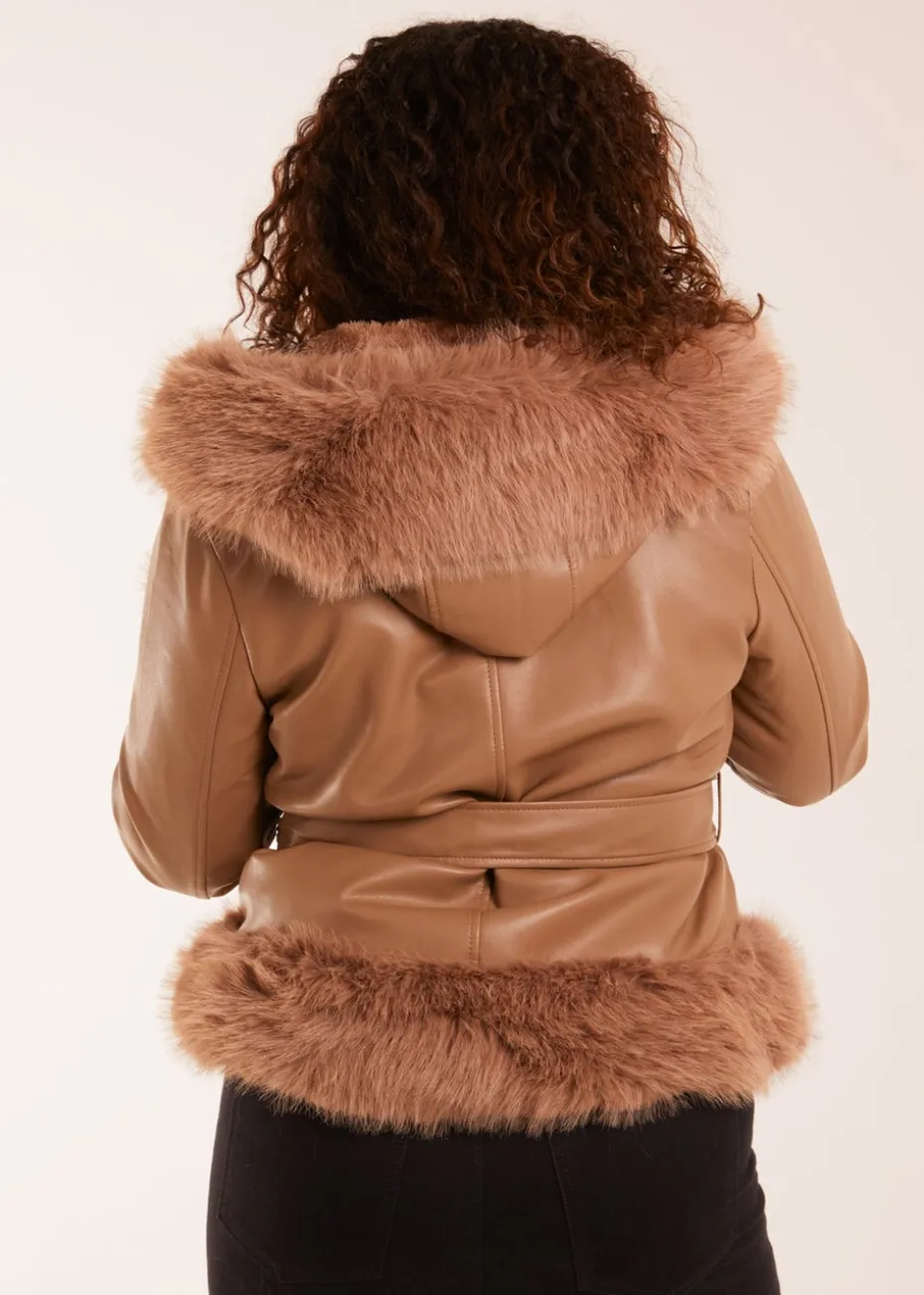 Blue Vanilla Brown Faux Fur Cropped Leather Look Jacket