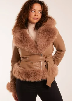 Blue Vanilla Brown Faux Fur Cropped Leather Look Jacket