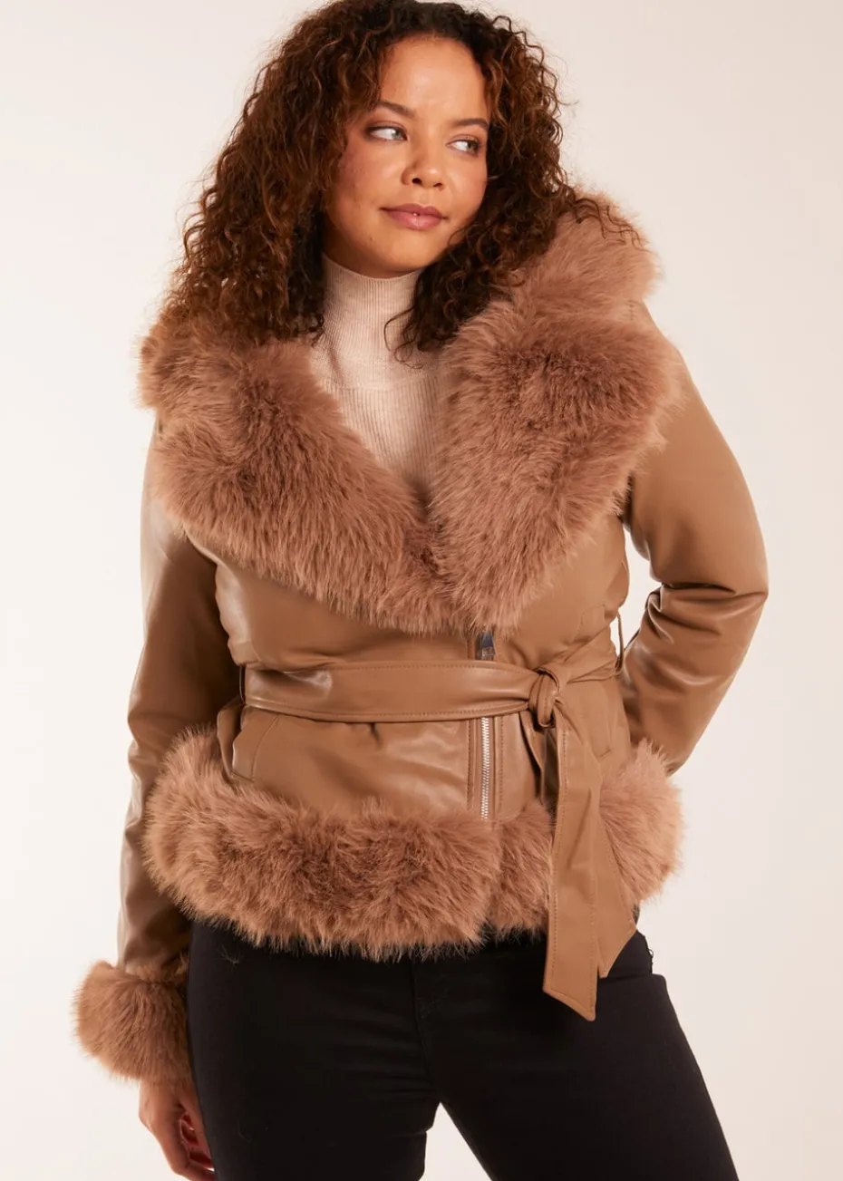 Blue Vanilla Brown Faux Fur Cropped Leather Look Jacket