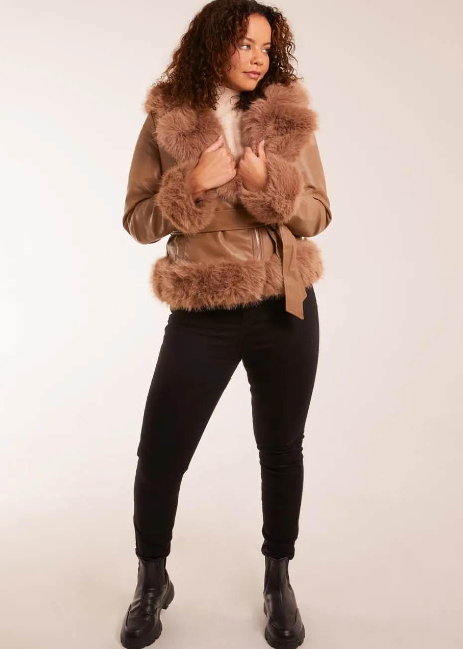 Blue Vanilla Brown Faux Fur Cropped Leather Look Jacket