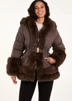 Blue Vanilla Brown Faux Fur Trim Belted Puffer Coat