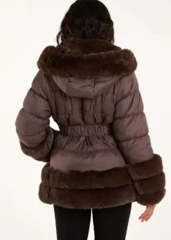 Blue Vanilla Brown Faux Fur Trim Belted Puffer Coat