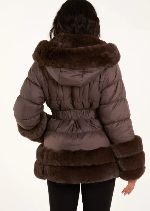 Blue Vanilla Brown Faux Fur Trim Belted Puffer Coat