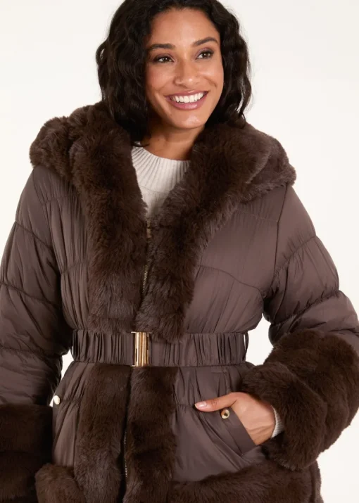 Blue Vanilla Brown Faux Fur Trim Belted Puffer Coat