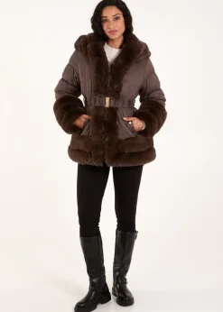 Blue Vanilla Brown Faux Fur Trim Belted Puffer Coat