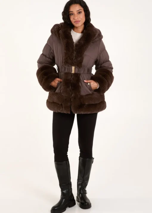 Blue Vanilla Brown Faux Fur Trim Belted Puffer Coat