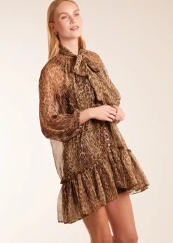 Blue Vanilla Brown Leopard Print Pussy Bow Frill Shirt Dress