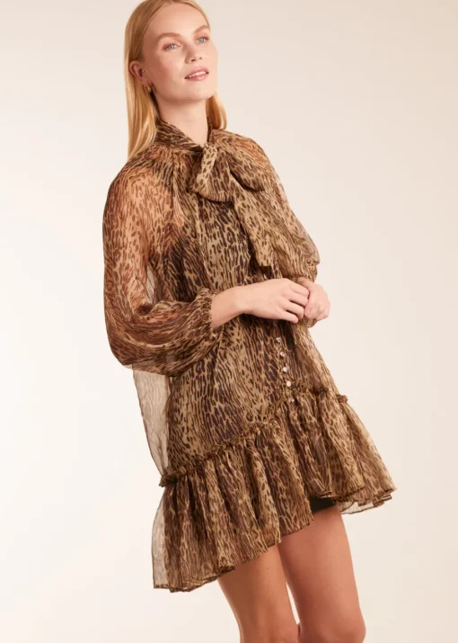 Blue Vanilla Brown Leopard Print Pussy Bow Frill Shirt Dress