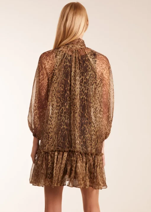Blue Vanilla Brown Leopard Print Pussy Bow Frill Shirt Dress