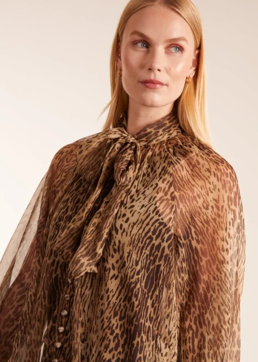 Blue Vanilla Brown Leopard Print Pussy Bow Frill Shirt Dress