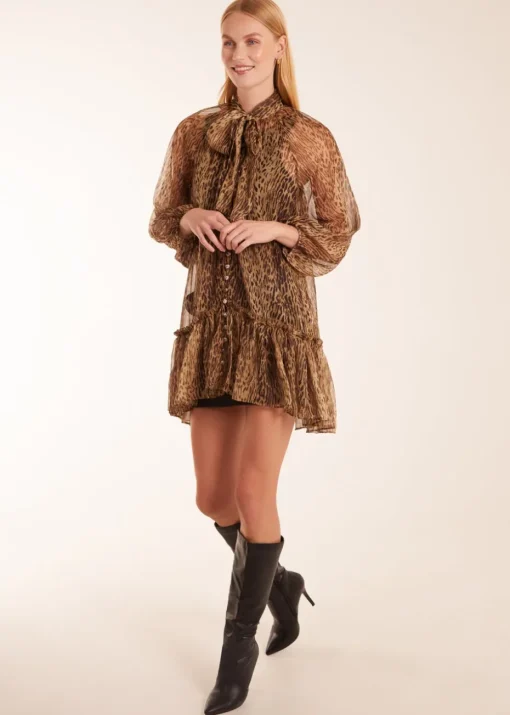 Blue Vanilla Brown Leopard Print Pussy Bow Frill Shirt Dress