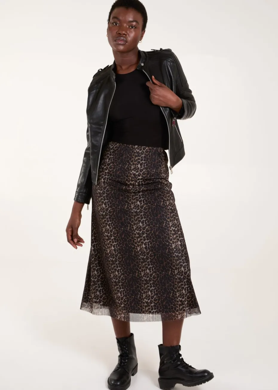 Blue Vanilla Brown Leopard Mesh Midi Skirt