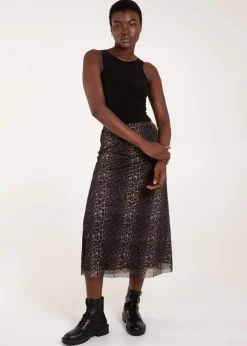 Blue Vanilla Brown Leopard Mesh Midi Skirt